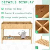 Outsunny 43x18x30in Raised Garden Bed with 8 Pockets and Shelf, Wooden Elevated Planter Box with Legs to Grow Herbs, Vegetables, and Flowers, Natural(m-7)