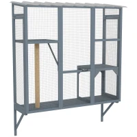 PawHut Wooden Catio Outdoor, Cat Window Box Enclosure for 2-3 Large Cats with 2 Jumping Platforms & Scratching Post, Grey(m-11)