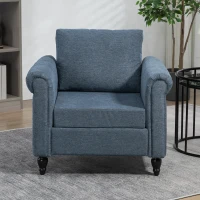 HOMCOM Vintage Armchair, Upholstered Accent Chair with Rolled Arms, Gourd-Shaped Rubber Wood Legs, Dark Blue(m-7)