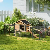 PawHut Wooden Rabbit Hutch Outdoor, 85" Large Bunny Cage with Steel Run, Removable Plastic Tray, Asphalt Roof, Ramp(m-3)