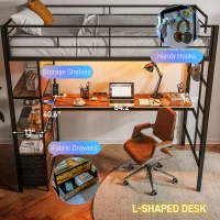 HOMCOM Twin Size Loft Bed with Desk, LED Lights, Charging Station, Twin Metal Loft Bed Frame with Storage, Black(m-5)