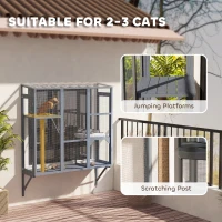 PawHut Wooden Catio Outdoor, Cat Window Box Enclosure for 2-3 Large Cats with 2 Jumping Platforms & Scratching Post, Grey(m-5)