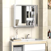 kleankin 28" x 24" Wall Mounted Bathroom Mirror Cabinet with Door Shelves Medicine Cabinet Stainless Steel, Silver(m-7)