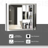 kleankin 28" x 24" Wall Mounted Bathroom Mirror Cabinet with Door Shelves Medicine Cabinet Stainless Steel, Silver(m-4)