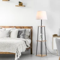 HOMCOM Modern Free Standing Tall Floor Lamp with Linen Style Fabric Shade & 3-Tier Rubberwood Display Shelving(m-2)