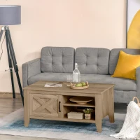 HOMCOM Farmhouse Coffee Table with Enclosed Storage Cabinet and Adjustable Open Shelves for Living Room, Oak(m-10)