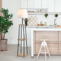 HOMCOM Modern Free Standing Tall Floor Lamp with Linen Style Fabric Shade & 3-Tier Rubberwood Display Shelving(m-10)