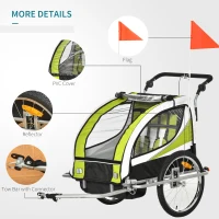Aosom Foldable Bike Trailer for Kids, Toddler Carrier with 2 Seats, Safety Flag, Light Reflectors, & 5 Point Harness, Green(m-9)