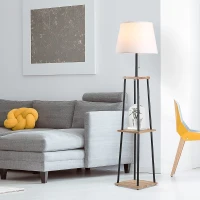 HOMCOM Modern Free Standing Tall Floor Lamp with Linen Style Fabric Shade & 3-Tier Rubberwood Display Shelving(m-7)