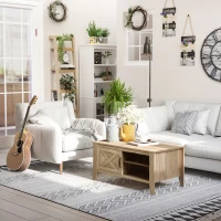 HOMCOM Farmhouse Coffee Table with Enclosed Storage Cabinet and Adjustable Open Shelves for Living Room, Oak(m-2)