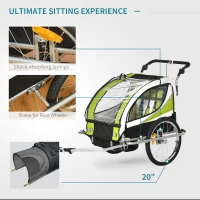 Aosom Foldable Bike Trailer for Kids, Toddler Carrier with 2 Seats, Safety Flag, Light Reflectors, & 5 Point Harness, Green(m-5)