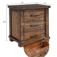 Rustic Three Drawer Reclaimed Solid Wood Farmhouse Nightstand with Full Extension Drawer Glides and Bronze Iron Handles, 24" x 17" x 25.6", Natural(m-3)