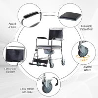 HOMCOM Shower Rolling Chair Personal Mobility Assist Bedside Commode Toilet Chair with Detachable Bucket Armrest Wheelchair Design Armchair for Elder Disabled Pregnant, Black(m-8)