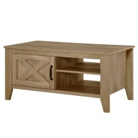 HOMCOM Farmhouse Coffee Table with Enclosed Storage Cabinet and Adjustable Open Shelves for Living Room, Oak(m-11)