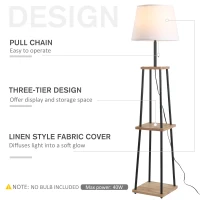 HOMCOM Modern Free Standing Tall Floor Lamp with Linen Style Fabric Shade & 3-Tier Rubberwood Display Shelving(m-4)
