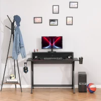 HOMCOM Racing Gaming Desk Carbon Fiber Style Computer Table with Elevated Monitor Shelf, Headphone Hook and Cup Holder, Black(m-7)