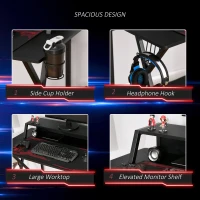 HOMCOM Racing Gaming Desk Carbon Fiber Style Computer Table with Elevated Monitor Shelf, Headphone Hook and Cup Holder, Black(m-4)