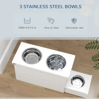 PawHut Elevated Dog Bowls with Slow Feeder Mat, Storage Cabinet, 3 Stainless Steel Bowls for Large & Extra Large Dogs, White(m-7)