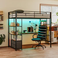 HOMCOM Twin Size Loft Bed with Desk, LED Lights, Charging Station, Twin Metal Loft Bed Frame with Storage, Black(m-10)