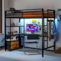 HOMCOM Twin Size Loft Bed with Desk, LED Lights, Charging Station, Twin Metal Loft Bed Frame with Storage, Black(m-9)