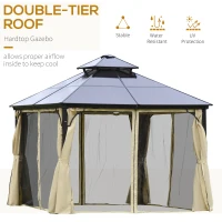 Outsunny 10' x 10' 2-Tier Outdoor Gazebo Canopy with Polycarbonate Roof, Curtains and Netting, for Garden, Deck, Beige(m-4)