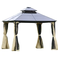 Outsunny 10' x 10' 2-Tier Outdoor Gazebo Canopy with Polycarbonate Roof, Curtains and Netting, for Garden, Deck, Beige(m-11)