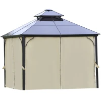 Outsunny 10' x 10' 2-Tier Outdoor Gazebo Canopy with Polycarbonate Roof, Curtains and Netting, for Garden, Deck, Beige(m-2)