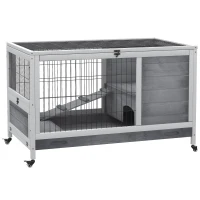 PawHut Indoor Rabbit Enclosure, Wooden Elevated Cage Habitat with Enclosed Run with Wheels - Ideal for Rabbits and Guinea Pigs(m-12)