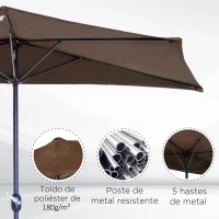 Outsunny 9ft Half Round Umbrella Outdoor Patio Garden Balcony Parasol Window Sun Shade w/ 5 Ribs Coffee(m-5)