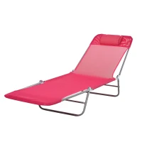Outsunny Outdoor Lounge Chair, Portable Reclining Seat, Folding Chaise Lounge, Tanning Chair Bed with Pillow, Pink(m-2)