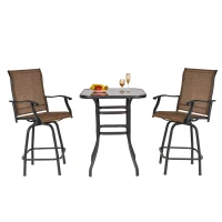 Outsunny 3 Piece Outdoor Patio Bar Set, 2 Swivel Stool and 1 Bar Table, All-Weather, Metal Frame for Balcony, Backyard, Deck, Brown(m-2)