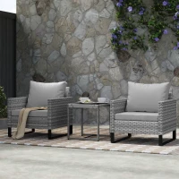Outsunny 3PCS Patio Set, Wicker Bistro Set with Cushions, Rattan Chairs, Glass Coffee Table for Backyard, Porch, Balcony, Gray(m-10)