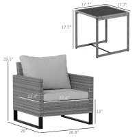 Outsunny 3PCS Patio Set, Wicker Bistro Set with Cushions, Rattan Chairs, Glass Coffee Table for Backyard, Porch, Balcony, Gray(m-3)