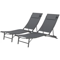 Outsunny Folding Outdoor Chaise Lounge Chair Set of 2 with Adjustable Backrest, Headrest, Mesh Seat for Beach, Poolside, Grey(m-2)