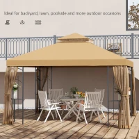 Outsunny 10' x 12' Patio Gazebo with Corner Frame Shelves, Double Roof Outdoor Gazebo Canopy Shelter with Netting, Brown(m-7)
