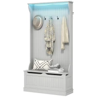 HOMCOM 3-In-1 Entryway Bench with LED Lights and Coat Rack, Hall Tree with Bench and Shoe Storage, 5 Hooks for Hallway Gray(m-1)