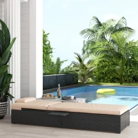 Outsunny Outdoor Patio Lounger with Cushion, 5-Level Reclining Wicker Chaise Lounge Chair with Tea Tray, for Poolside, Patio, Deck, 264lb Weight Capacity, Beige(m-8)