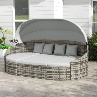 Outsunny 4 Pieces Patio PE Wicker Round Daybed, Outdoor Rattan Garden Lounge Furniture Sets, Light Grey(m-7)