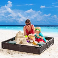 Outsunny Kids Outdoor Sandbox with Cover Garden Bed, Easy Assembly for Backyard, Brown, 48.5" x 48.5" x 8.25"(m-2)