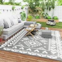 Outsunny Reversible Outdoor Rug, Waterproof Plastic Straw with Carry Bag, 9' x 12', Gray & White Rhombus Patchwork(m-10)
