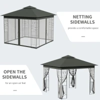 Outsunny 10' x 10' Metal Patio Gazebo, Double Roof Outdoor Gazebo Canopy Shelter with Tree Motifs Corner Frame and Netting, for Garden, Lawn, Backyard, and Deck, Gray(m-6)