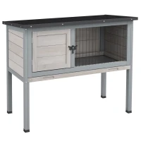 PawHut Wooden Rabbit Hutch with Openable Asphalt Roof, Tray, Light Grey(m-2)