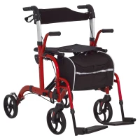 HOMCOM Rollator Walker with Seat, Folding Rolling Walker with 8" Wheels, Walker for Seniors with Adjustable Height, Red(m-11)