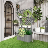Outsunny Raised Garden Bed, Wooden Planter with Trellis, Hanging Roof, Plant Shelf, Drainage Holes and Bed Liner, Grey