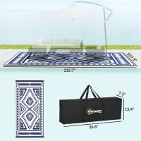 Outsunny Reversible Outdoor Rug, Waterproof Plastic Straw with Carry Bag, 9' x 18', Blue & White Square Patchwork(m-3)