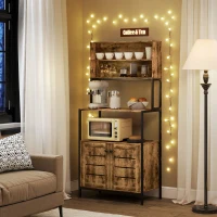 HOMCOM Baker's Rack with Power Outlet and Storage Shelves, Microwave Stand with Louvred Door Cabinets, Rustic Brown(m-7)