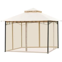 Outsunny 10' x 10' Outdoor Patio Gazebo Canopy Tent with Mesh Sidewalls, 2-Tier Canopy for Backyard, Beige(m-11)