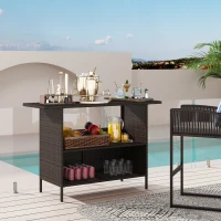 Outsunny Wicker Outdoor Bar Table, PE Rattan Bar Height Patio Table with 2 Shelves, Steel Frame for Garden, Backyard, Dark Brown(m-1)