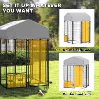 PawHut Welded Wire Outdoor Dog Kennel with 360° Rotating & 4 Levels Adjustable Bowls, Waterproof Cover, 3.9' x 3.9' x 6'(m-7)