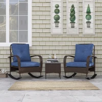 Outsunny 3 Piece Wicker Patio Furniture Set, Outdoor PE Rattan Rocking Chairs with Coffee Table, Cushions for Porch, Brown(m-9)